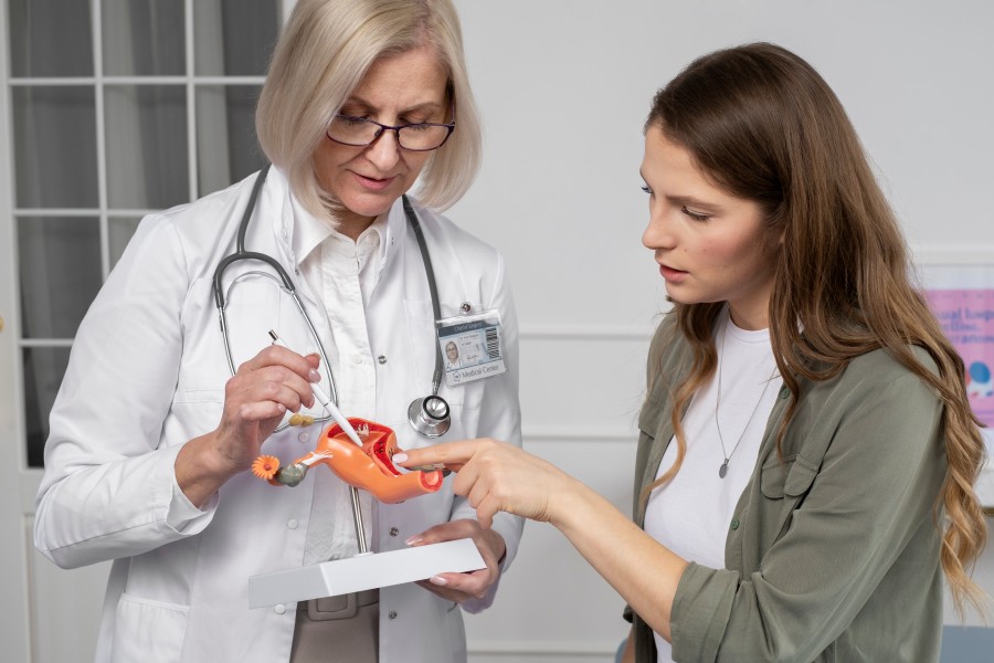 Doctor explaining a female reproductive system model to a young woman during a PCOD Treatment consultation.
